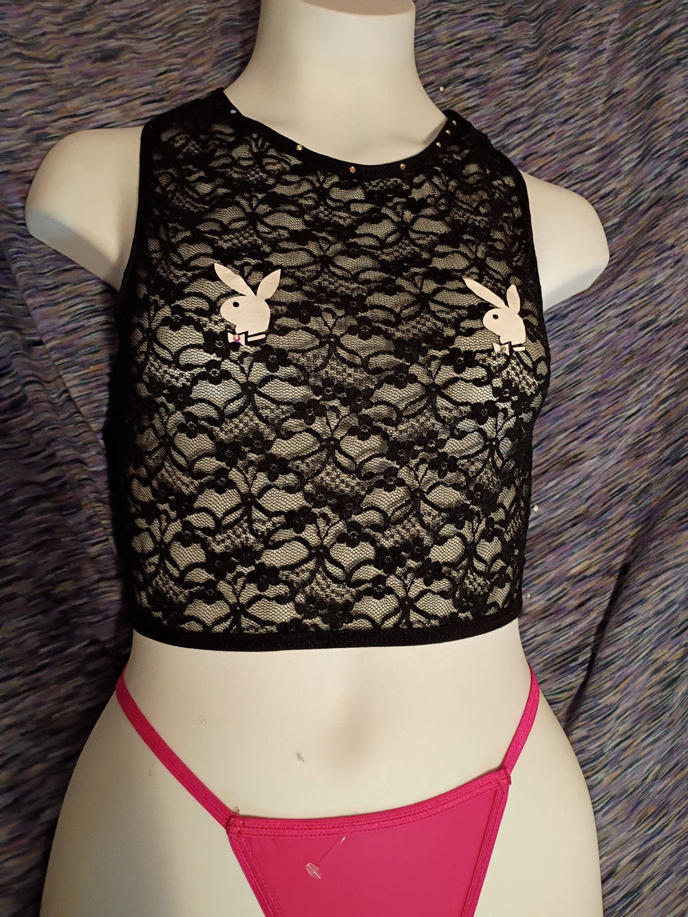 PLAYBOY Black Sheer Lace Bandeau Crop Top with Bunny Appliques